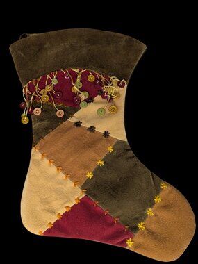 Santa's Best Christmas Stocking Quilted Looking with Button Fringe Warm Colors